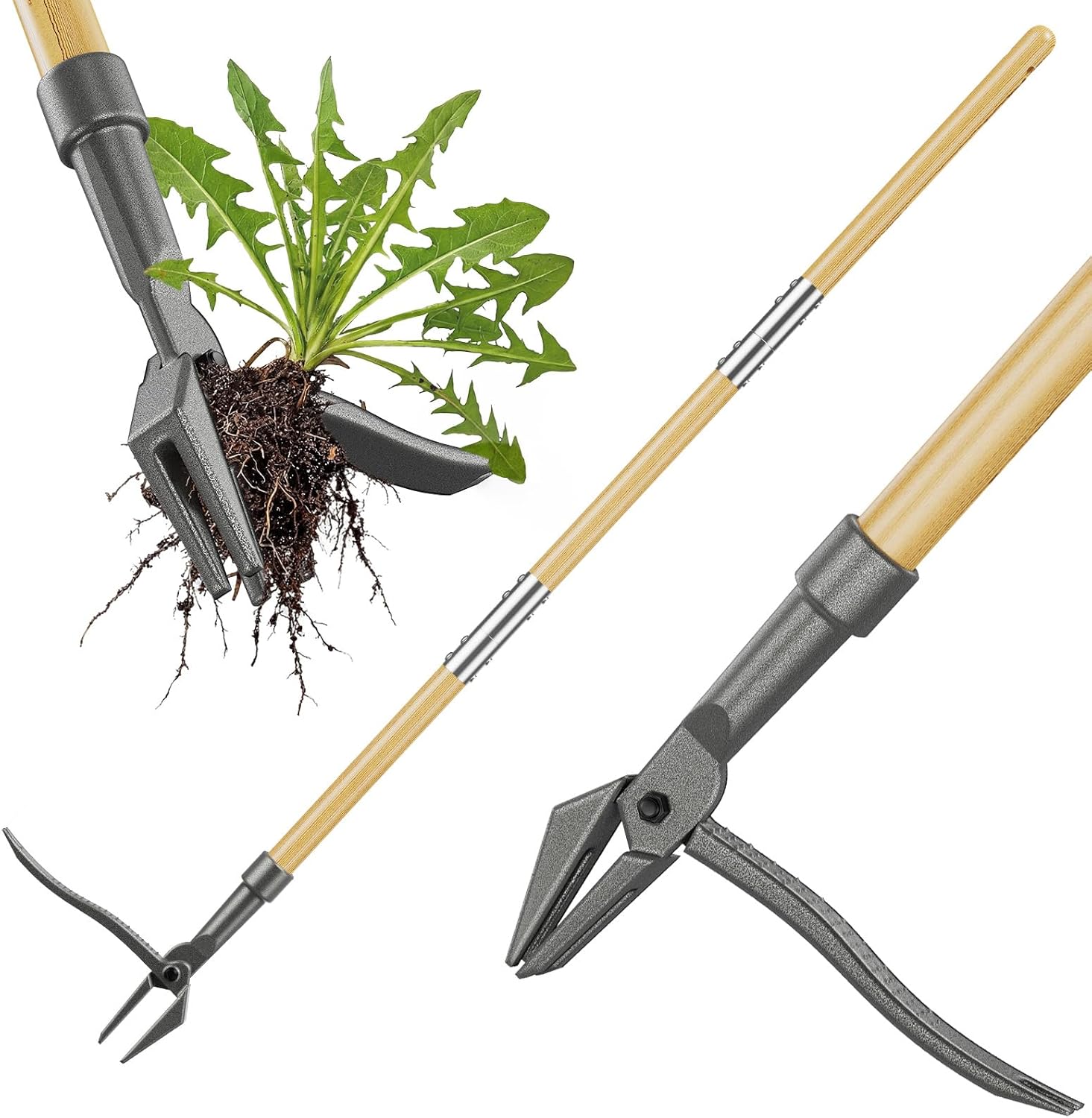 Weed Puller Tool, Stand Up Heavy Duty Weed Remover with 43 Inch Bamboo Handle, 4-Claw Steel Head, Metal Foot Pedal, Smoothly Remove Weeds Without Kneeling,Gardening Tools for Garden Lawn Yard