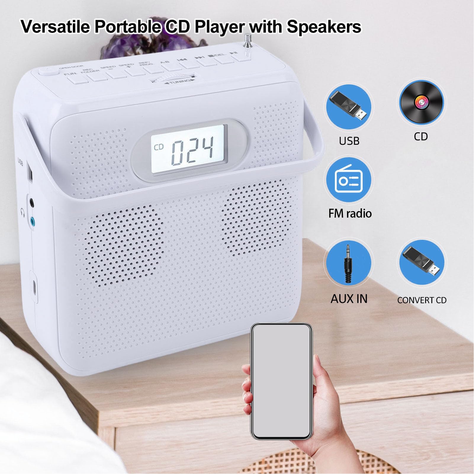 Fabater Przenośny Odtwarzacz CD, Domowy Odtwarzacz Muzyki CD do Samochodu, Obsługa Radia FM USB AUX MP3, Głośniki HiFi