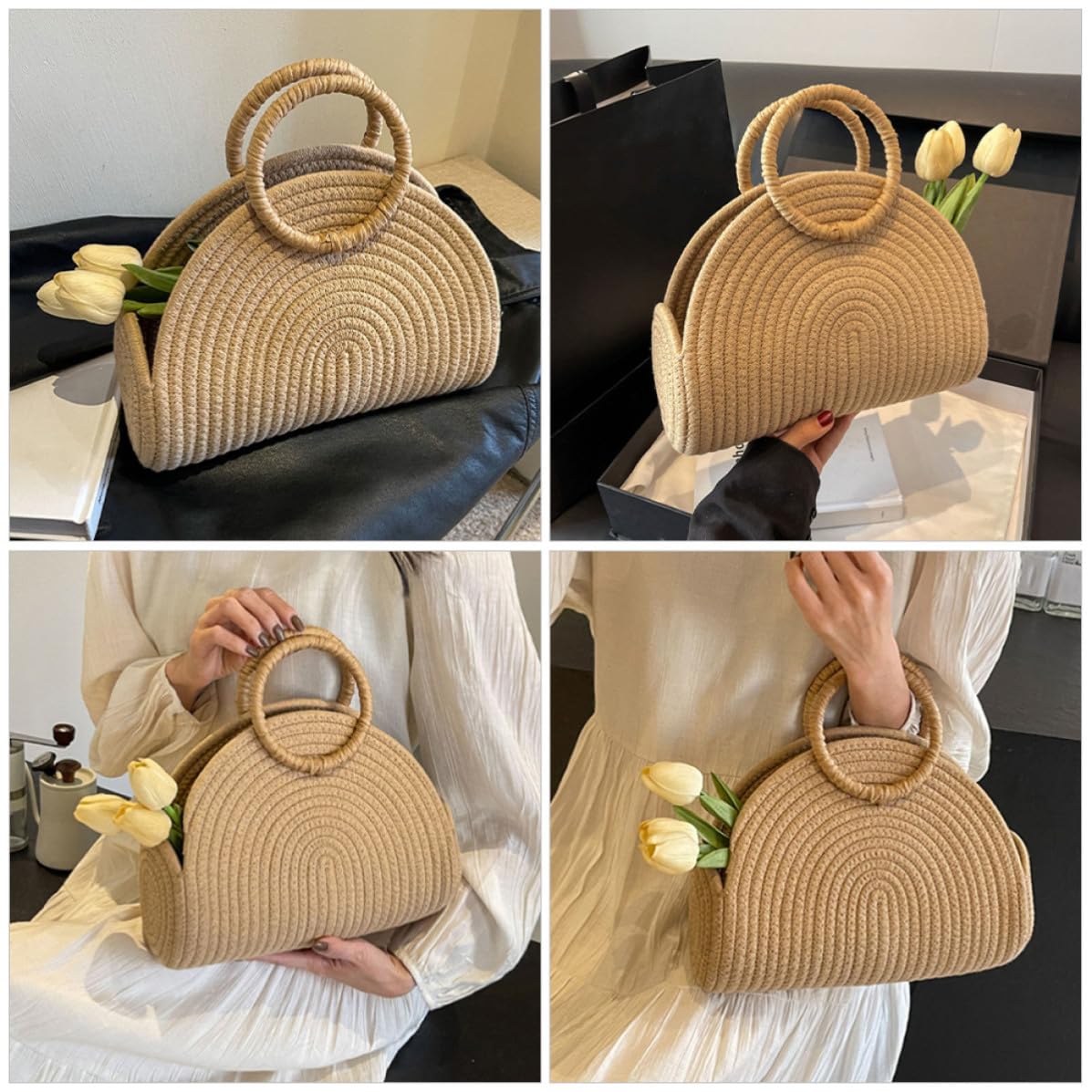 Abaodam Borsa a Tracolla Intrecciata in Corda di Cotone Stile Bohemien, Grande Capacità, Portatile la Spiaggia lo Shopping Quotidiano