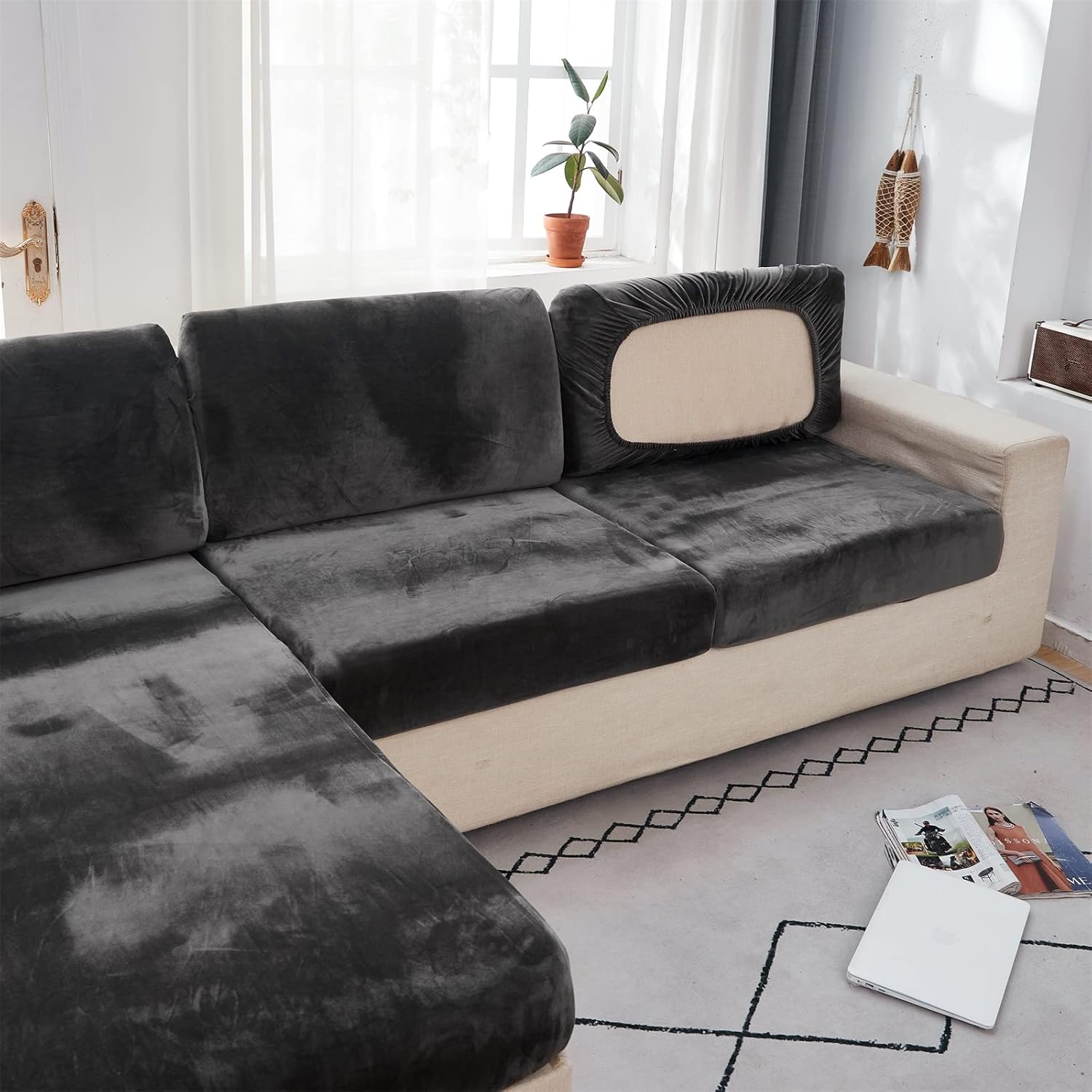 MIFXIN Sofa Cover Stretch Velvet Couch Cushion Slipcovers Universal Elastic Sofa Seat Cover L Shape Sofa Furniture Protector (Velvet Dark Grey, Plus Size Chaise Cover)