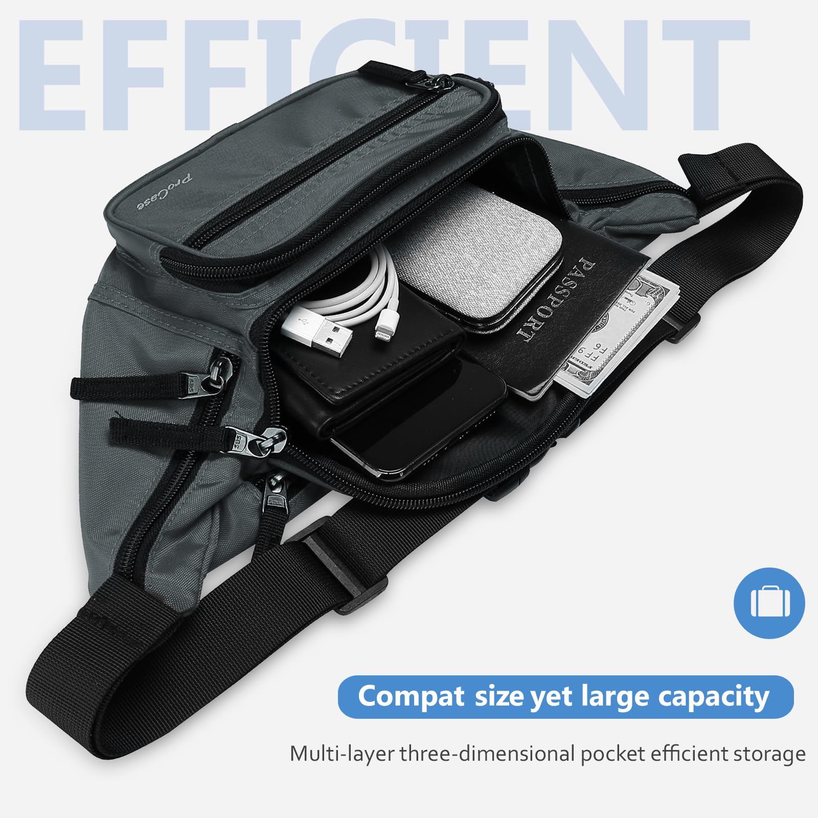 ProCase Marsupio Nero con 6 Tasche, Marsupio per Uomo e Donna Lavoro Sportivo Viaggio Trekking, Fanny Pack Bag in Nylon con Cinturino Regolabile e Fibbia a Sgancio Rapido -Grigio M
