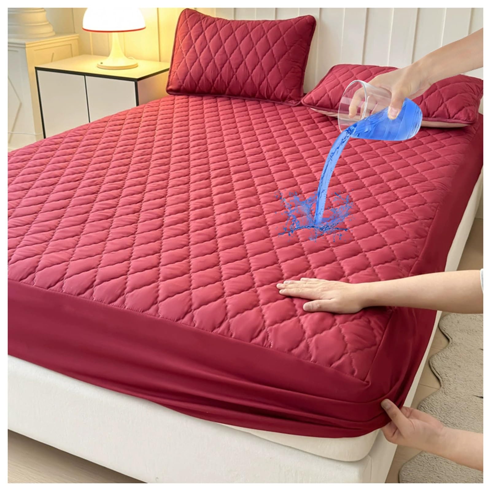 Wodoodporny Ochraniacz Na Materac Podwójne, Pełne Podkładki Na Materac Queen Cal King Dopasowana Głęboka Kieszeń, Zawiera Poszewkę Na Poduszkę(Burgundy,200x200cm/79x79in)
