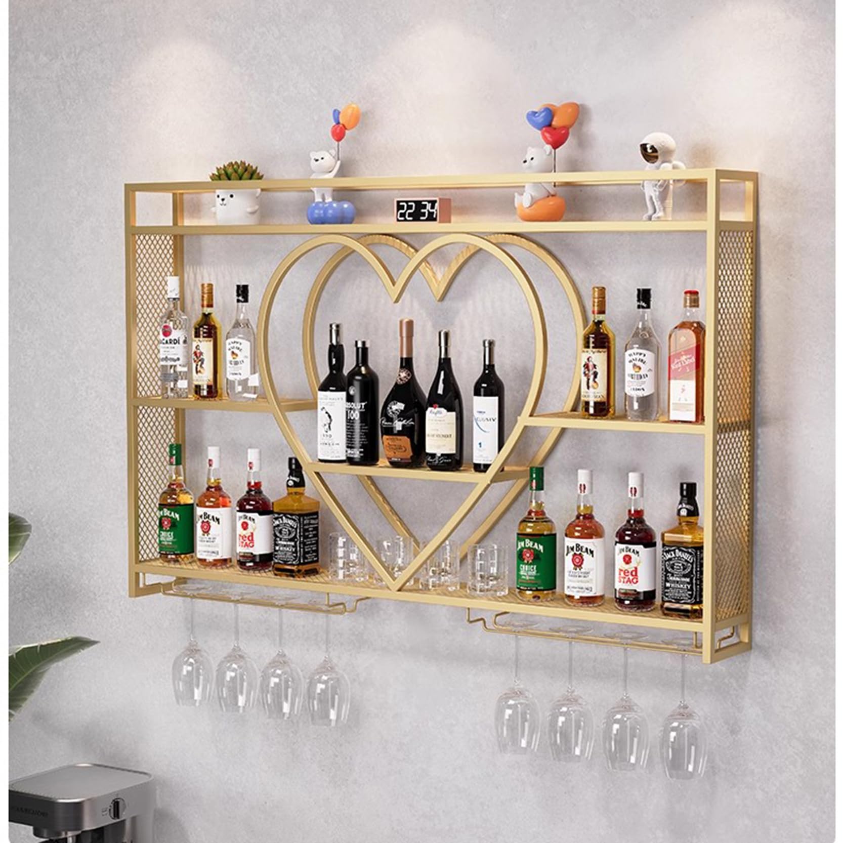 Étagère à vin murale industrielle dorée 120cm pour verres et bouteilles