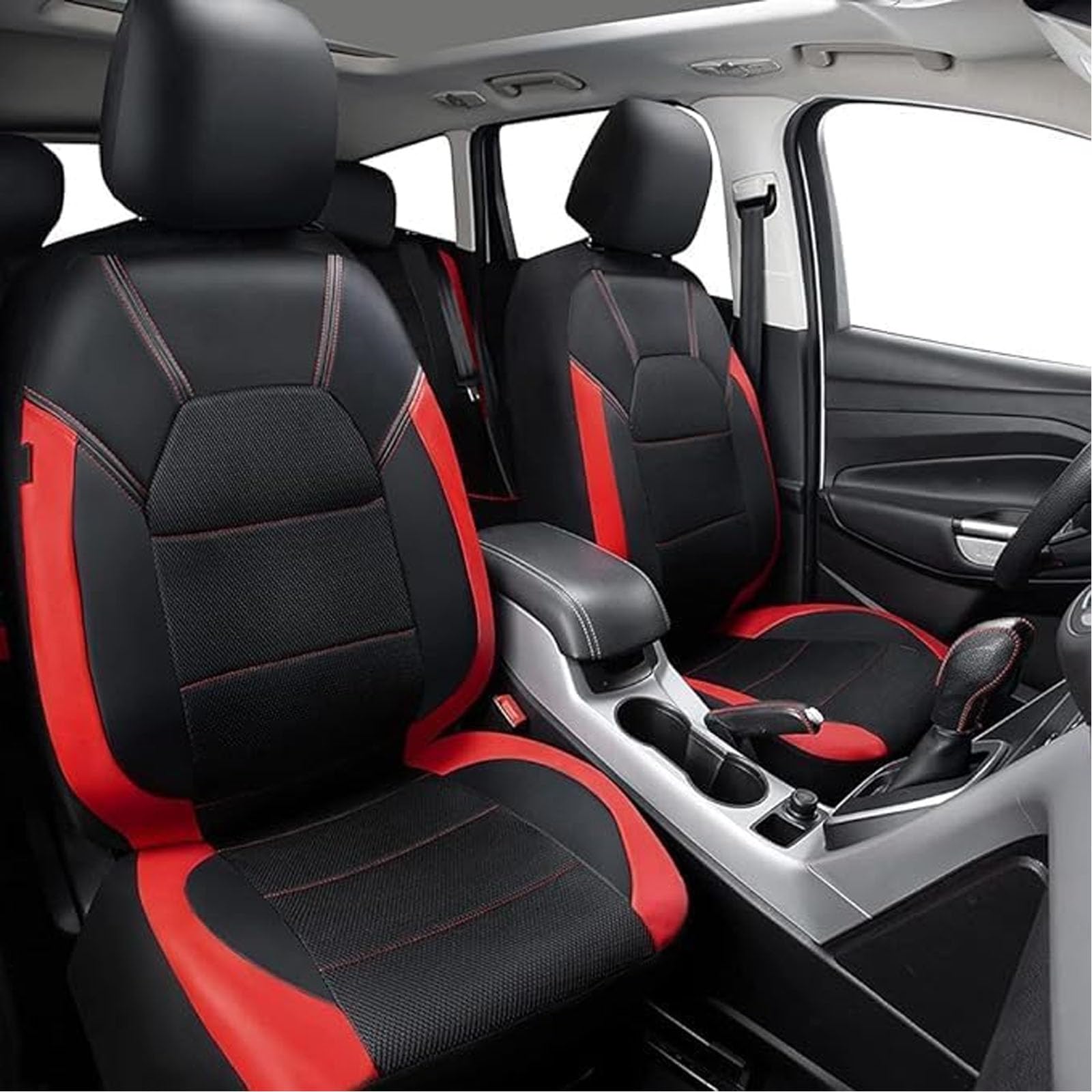 MaKeMoney Auto Sitzbezüge Sets FüR FIAT 500 (2007) 2007–2019, Leder Allwetter Atmungsaktiv Sitzbezüge rutschfest Schonbezug Set Auto Zubehör, E/Black Red