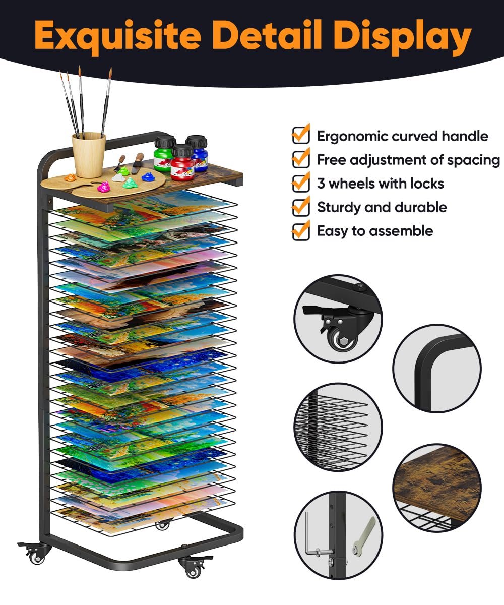 mocomax Estante de secado de arte con tablero superior, soporte móvil de secado de pintura con 25 estantes extraíbles, estante de almacenamiento funcional de lona con ruedas bloqueables para aulas y
