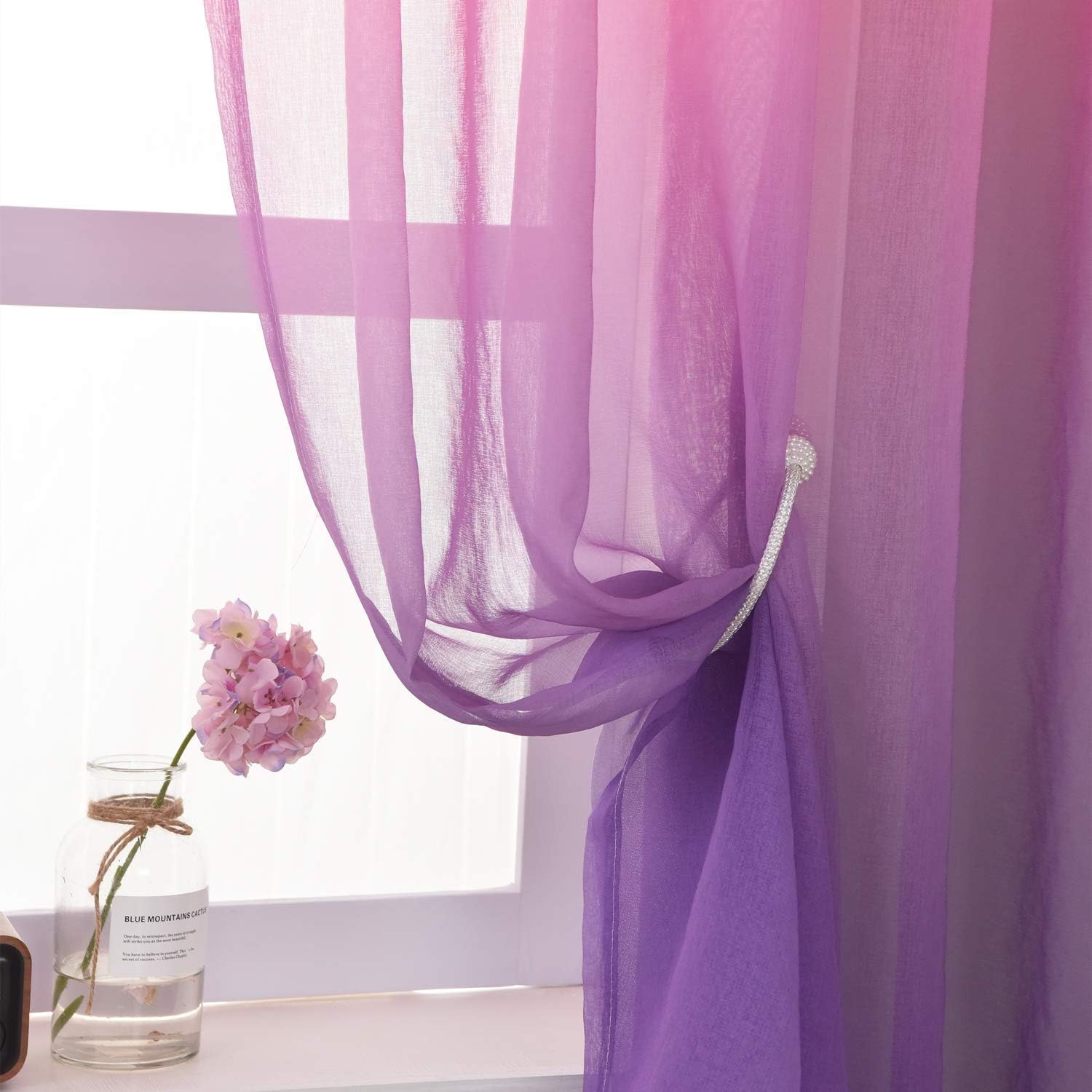 GYROHOME Ombre Sheer Curtain Linen Textured Voile Drapes with Fantastic Gradient Color, Elegant for Bedroom Living Room Home Decor,Set of 2 Panels,Pink and Purple,52x84inches