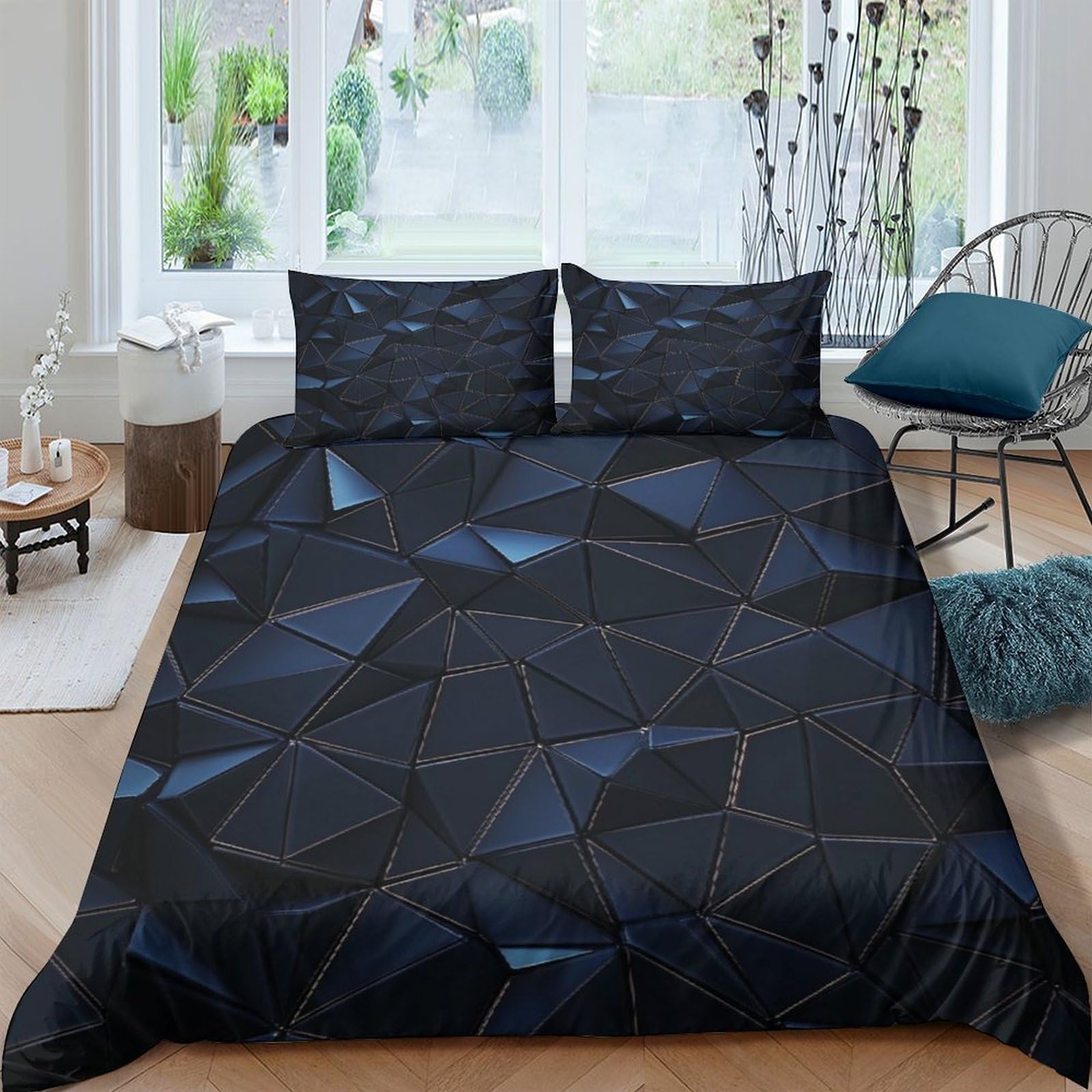 Ctjqhvkz Style-7 3D Printed Geometric Black Blue Fitted Sheet Microfiber Soft Breathable Abstract Polygon Bed Sheet For Bedroom Dorm Mattress Protection Decor Single（135X200cm）