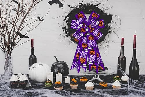 Miniatura 3 de Lazos grandes de Halloween para coronas, lazos de corona de Halloween, lazos de calabaza de telaraña, lazos de fondo morado para puerta delantera,