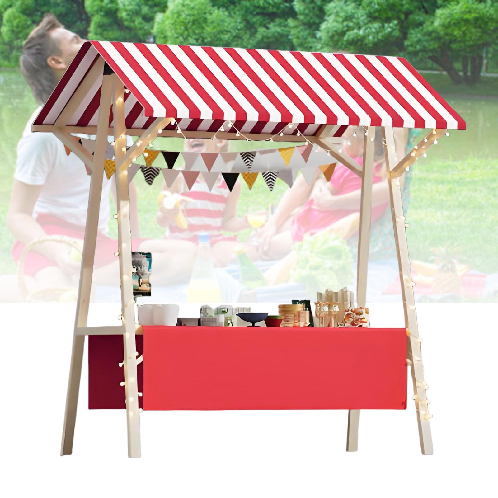 Carrello pieghevole in legno per venditori, supporto portatile per alimenti con tettuccio, ideale per mercati agricoli e street food, bancarella all'aperto per eventi e catering, 120