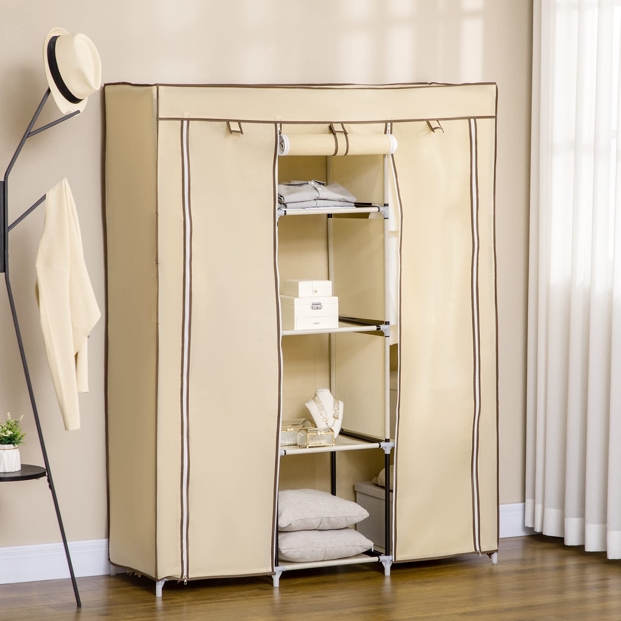 HOMCOM Armoire en Tissu avec 8 étagères, 125 x 43 x 162.5 cm, Beige