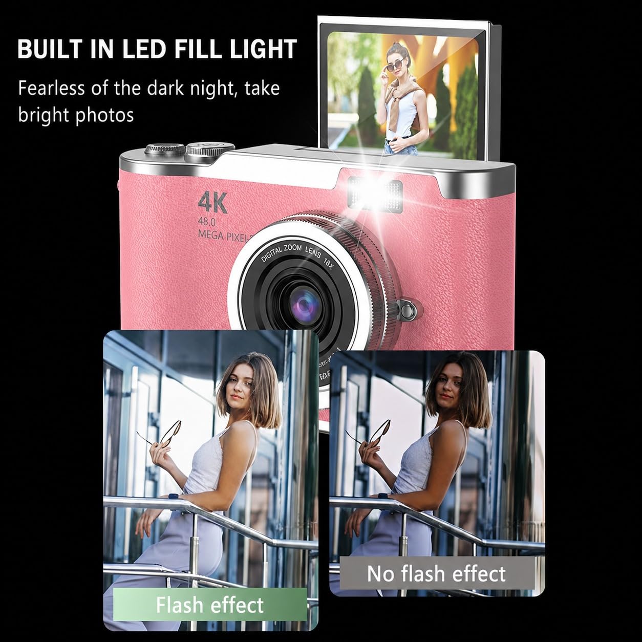 Digital Camera, 1080P Digital Camera with 2.4in Flip HD Display Screen, 18X Zoom Anti Shake Point and Shoot for Beginners (Dustypink) — Amazon image 5