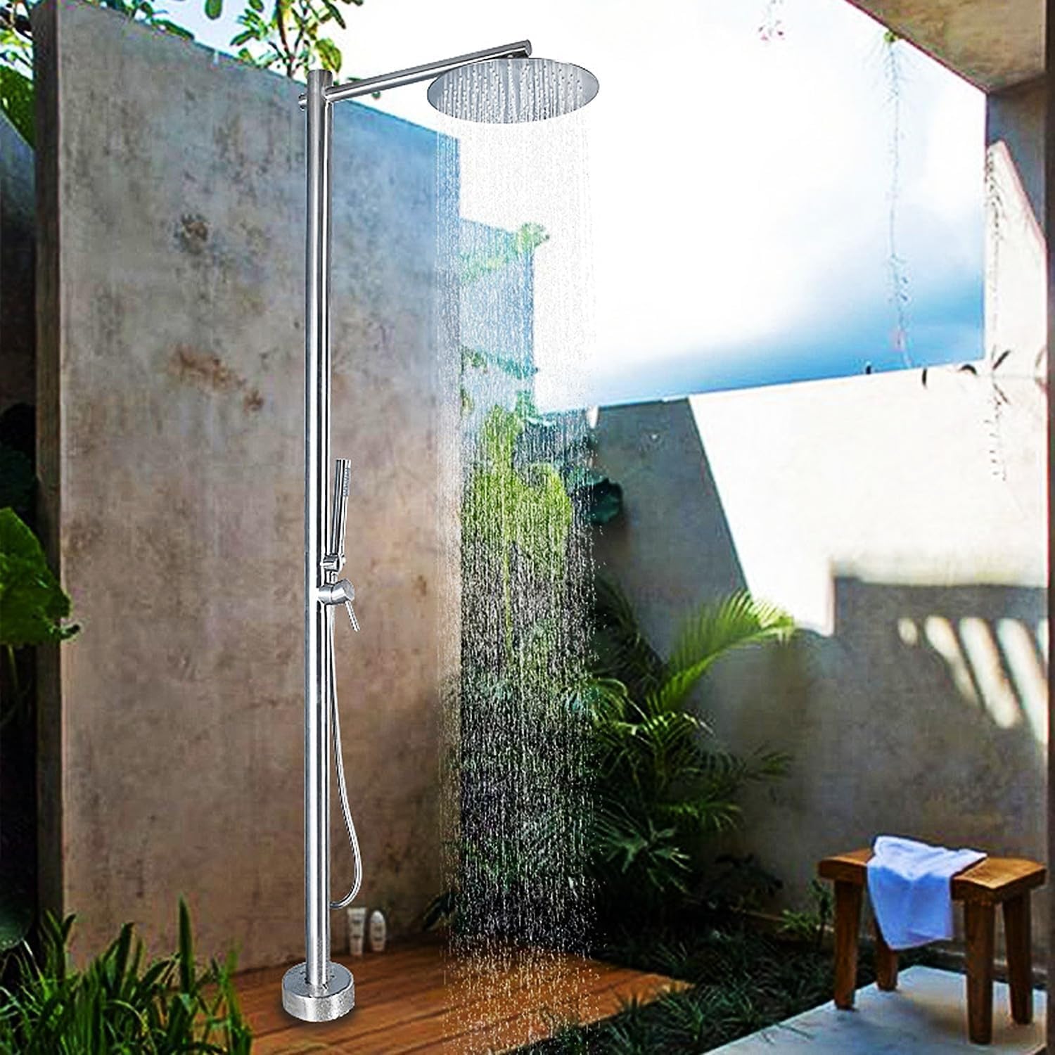 Outdoor Shower kit Garden Shower Fixture W/Adjustable Shower Head & Valve Controls, Standing Outdoor Shower Kit for Poolside Backyard Beach Pool Spa，Silver