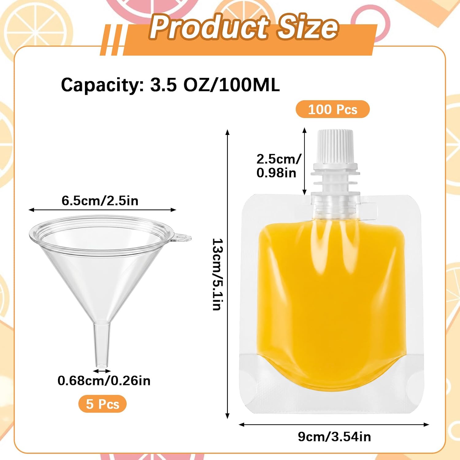 100PCS Portable Plastic Pouches, 3.5 Oz Reusable Plastic Juice Pouch Clear PET Squeeze Liquid Pouches Leak Proof Water Drink Bags with 5 Foldable Silicone Funnels for Women Men Party Travel