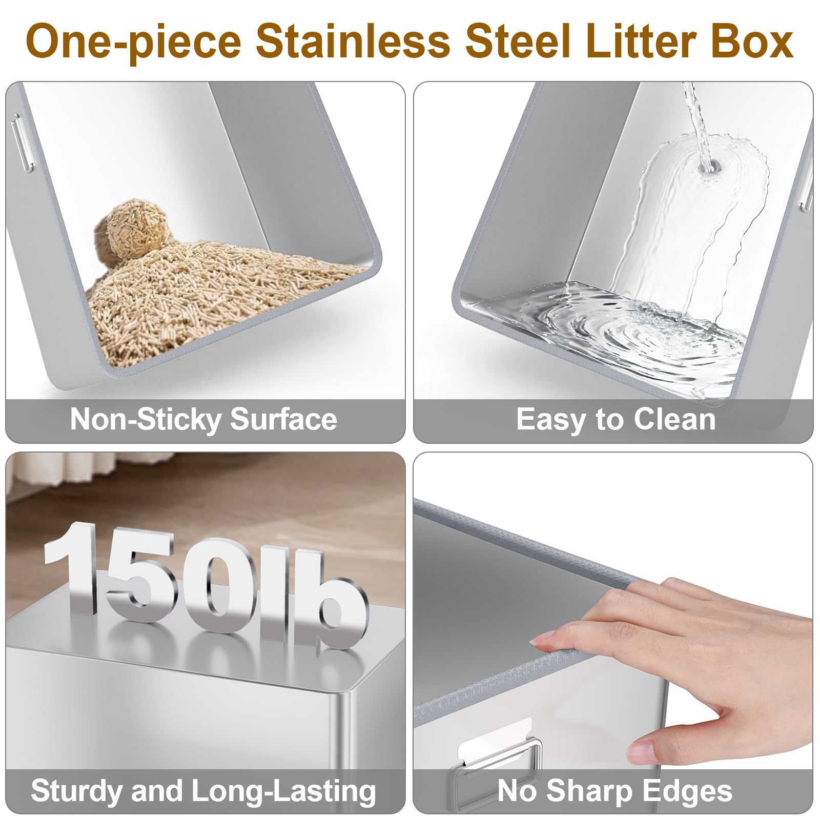 XXL Stainless Steel Cat Litter Box with High Side,No Sharp Edges for Big Cats,One-Piece Deep Metal Litter Box with Curved Low Entry,Anti-Leakage,Non-Sticky,Easy Cleaning(Side Entry) - image 2