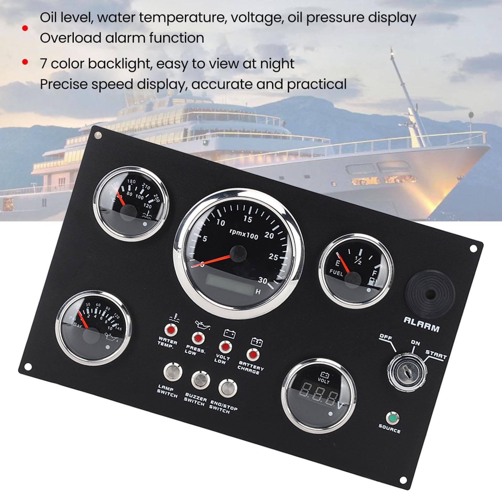 Juego de Manómetros para Panel de Instrumentos de Yate, 85mm, 24V, 0-3000RPM, Temperatura del Agua, Nivel de Aceite, Manómetro de Presión de Aceite con Llave (led rojo)