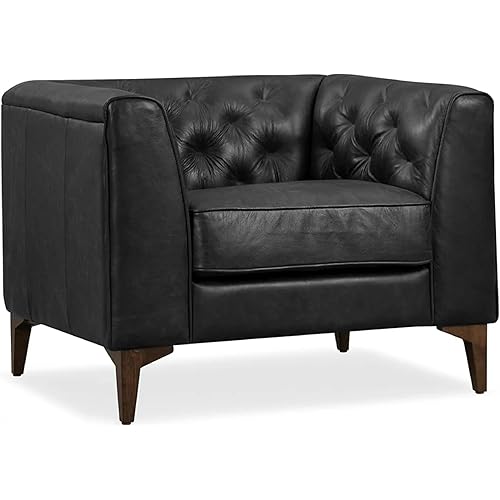 Poly & Bark Essex Lounge Chair - Leather Chair with Tufted Back - Full-Grain Living Room Armchair with Feather-Down Topper - Single Couch - Vintage Italian Leather in Onyx Black
