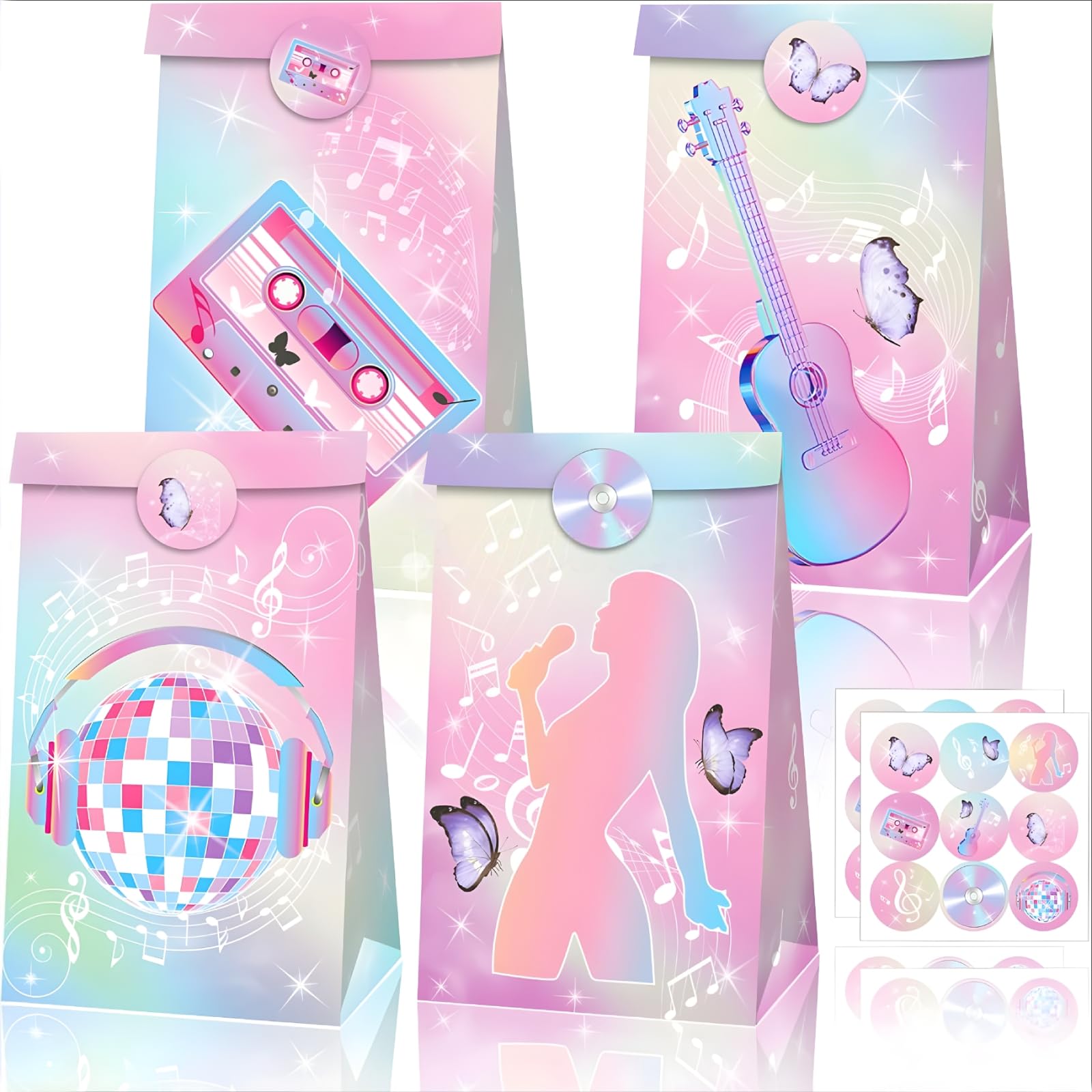 Inshinern Popular Singer Party Favors Bag Pink-Purple Decorations Pop Music Goodie Treat Bags 2 Styles Paper Gift Bag for Musical Theme Birthday Party,Graduations,Weddings,Bridal Baby Shower (12 Pcs)