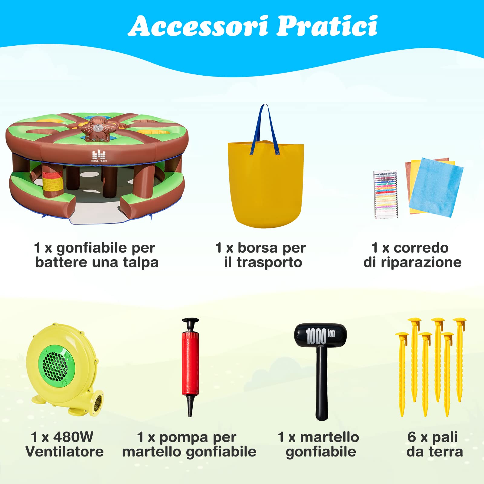 COSTWAY Giocattolo Gonfiabile per Bambini con Acchiappa la Talpa, Castello Gonfiabile per Bambini con Soffiatore, Borsa di Trasporto e Kit di Riparazione, 3-10 anni, 256 x 256 x 120cm