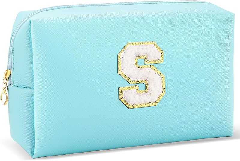 Necessaire de maquiagem URSKYTOUS azul com inicial, zíper e material PU, 1 unidade