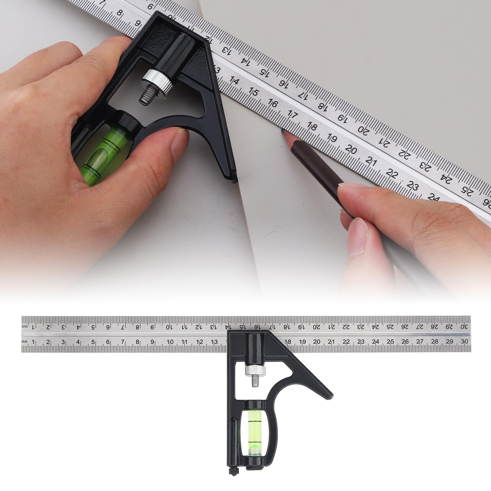 Équerre combinée, règle d'angle combinée en acier inoxydable de 300 mm, échelle métrique et impériale 45/90 degrés avec niveau à bulle pour charpentier, ingénieur, mesure du travail du bois