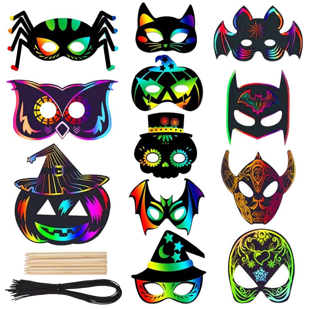 18 pcs Halloween Kratzbilder, Magische Bunte Regenbogen-Scratch-Papierkarte Scratch Crafts Kinder Set mit Bändern Kratzstift Scratch Art zum Basteln für Allerheiligenfest Party Deko DIY Handwerk