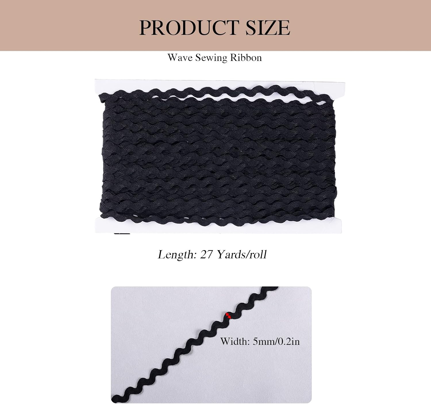 Black Rick Rack Trim for Sewing, 5 mm 27 Yards Woven Lace Ribbon