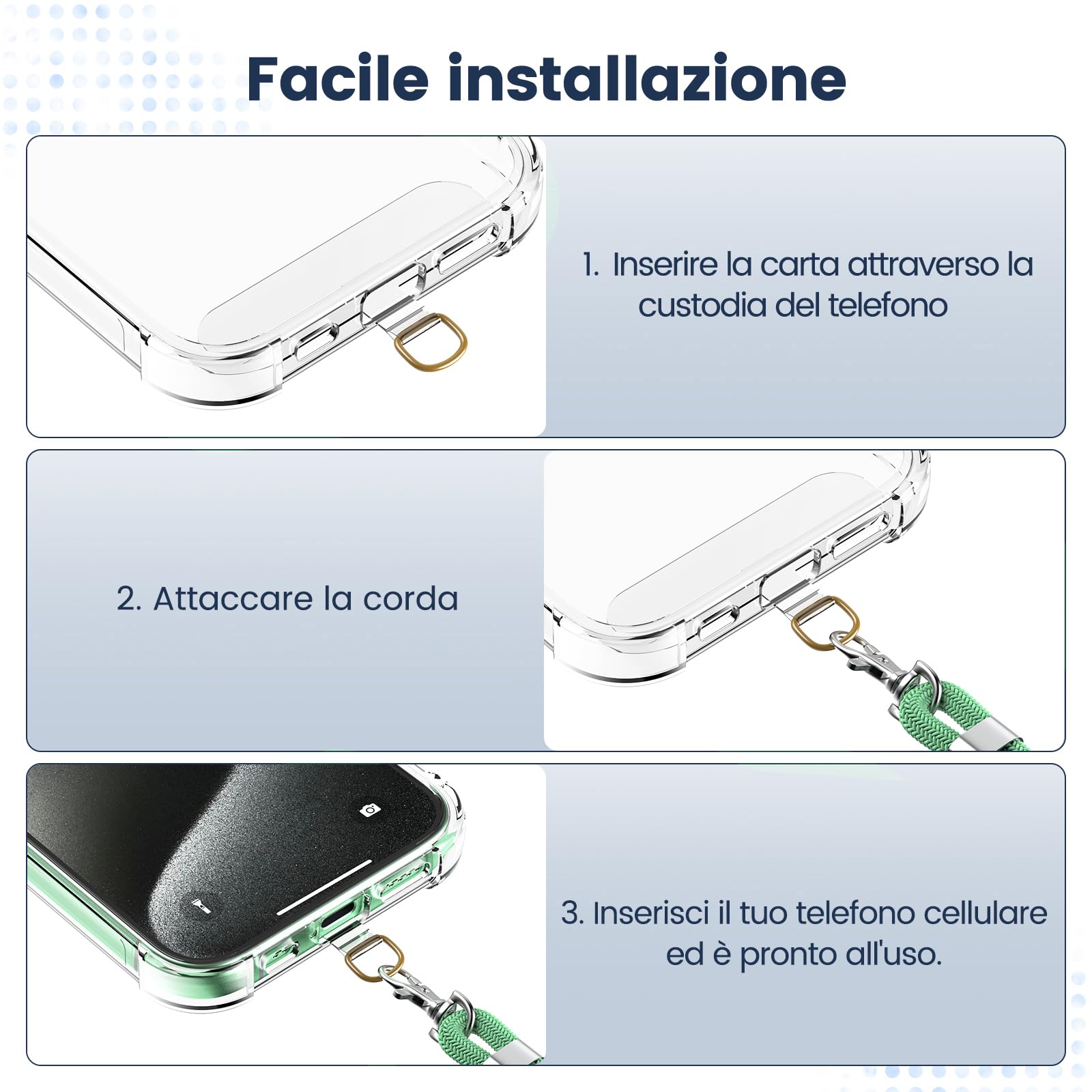 caslord Cordino per Cellulare*1, Trasparente Patch Universali*2, Adatto a Tutti Gli Smartphone, Cinturino per Cellulare Abbinabile a Qualsiasi Custodia, Regolabile e Rimovibile - Verde menta