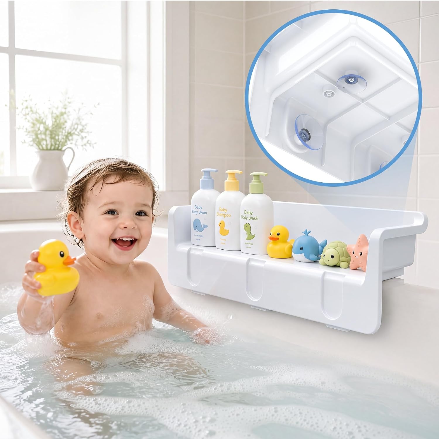 Gotega Bathtub Splash Guard for Kids with Bath Toy Tray & Shelf, White
