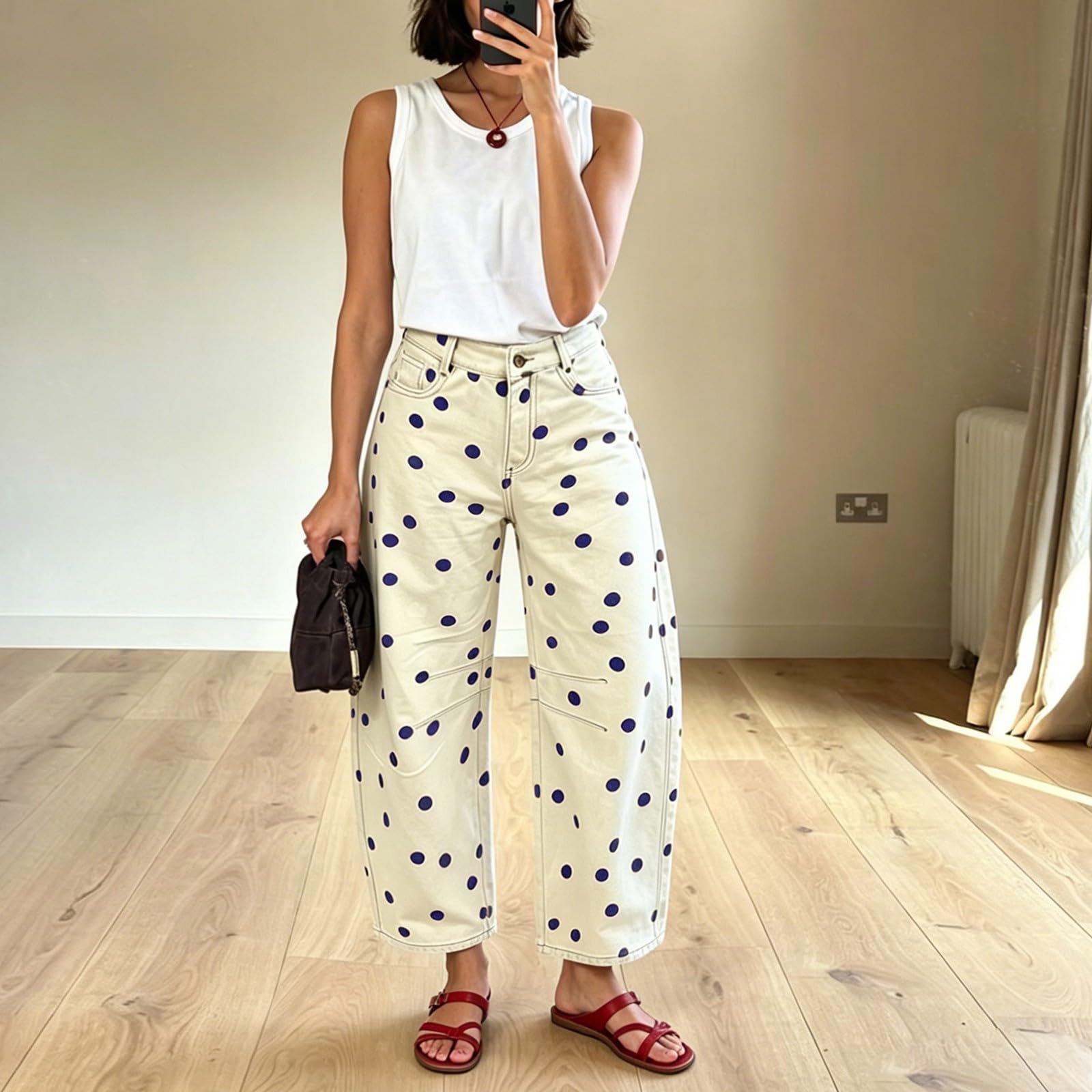 Baggy Jeans Damen Polka Dot Barrel Jeans High Waist Elegant Freizeithose