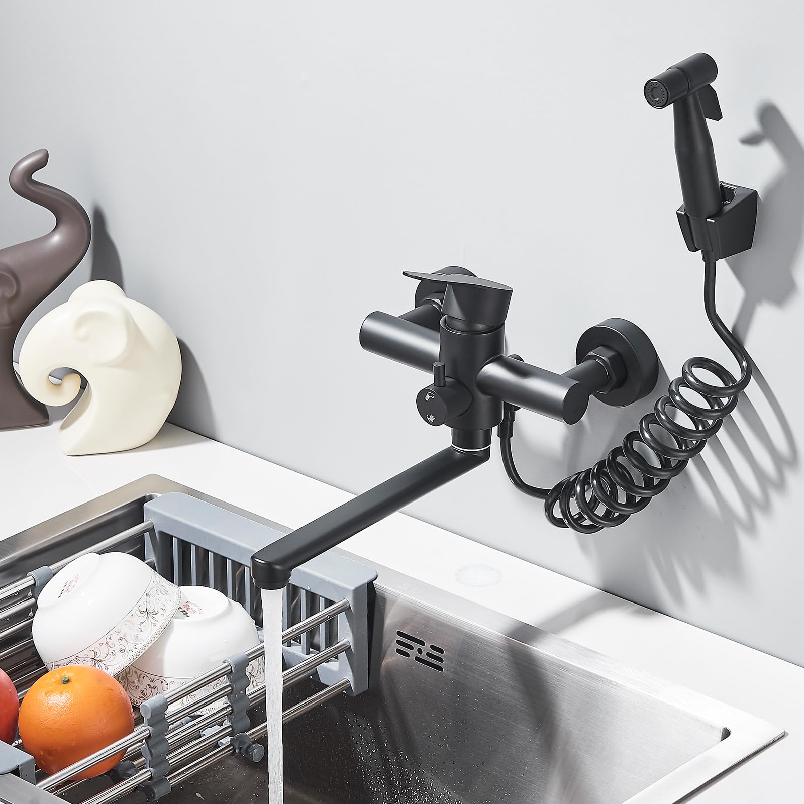 Mitigeur Robinet Cuisine Noir avec Pistolet Douchette Bec 23 cm Pivotant à 360° Robinet Mélangeur Mural pour Évier Acier Inoxydable