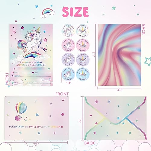Miniatura 3 de WERNNSAI 24 invitaciones de cumpleaños de unicornio  Suministros de fiesta de unicornio arcoíris con sobres para niñas, cumpleaños, baby shower,