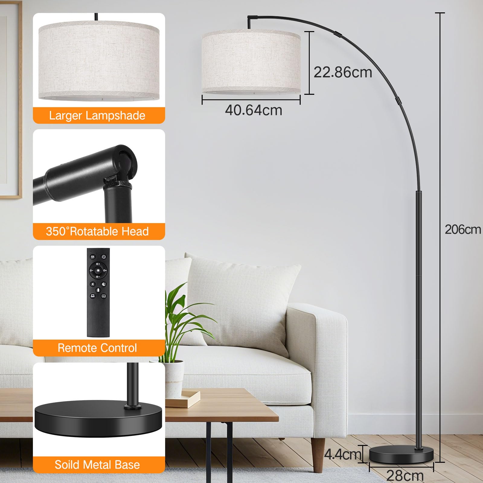OUTON Lampada da Terra ad Arco, Lampada ad Arco Moderna con Telecomando e Interruttore a Pedale, Paralume Beige da 40cm, Lampadina E27, Piantana LED da 205cm per Soggiorno, Camera da Letto, Ufficio