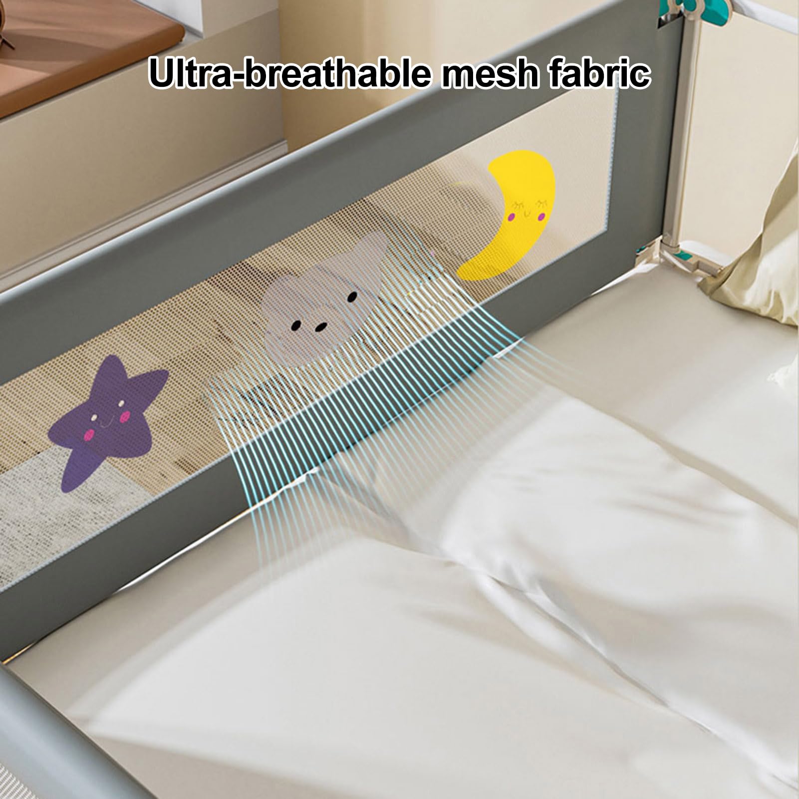 Riel de cama plegable portátil para niños pequeños, 2 x 200 cm + 1 protector de cama de 150 cm para camas dobles King, riel de cama de bebé ajustable en altura con malla aireada, ajuste sin