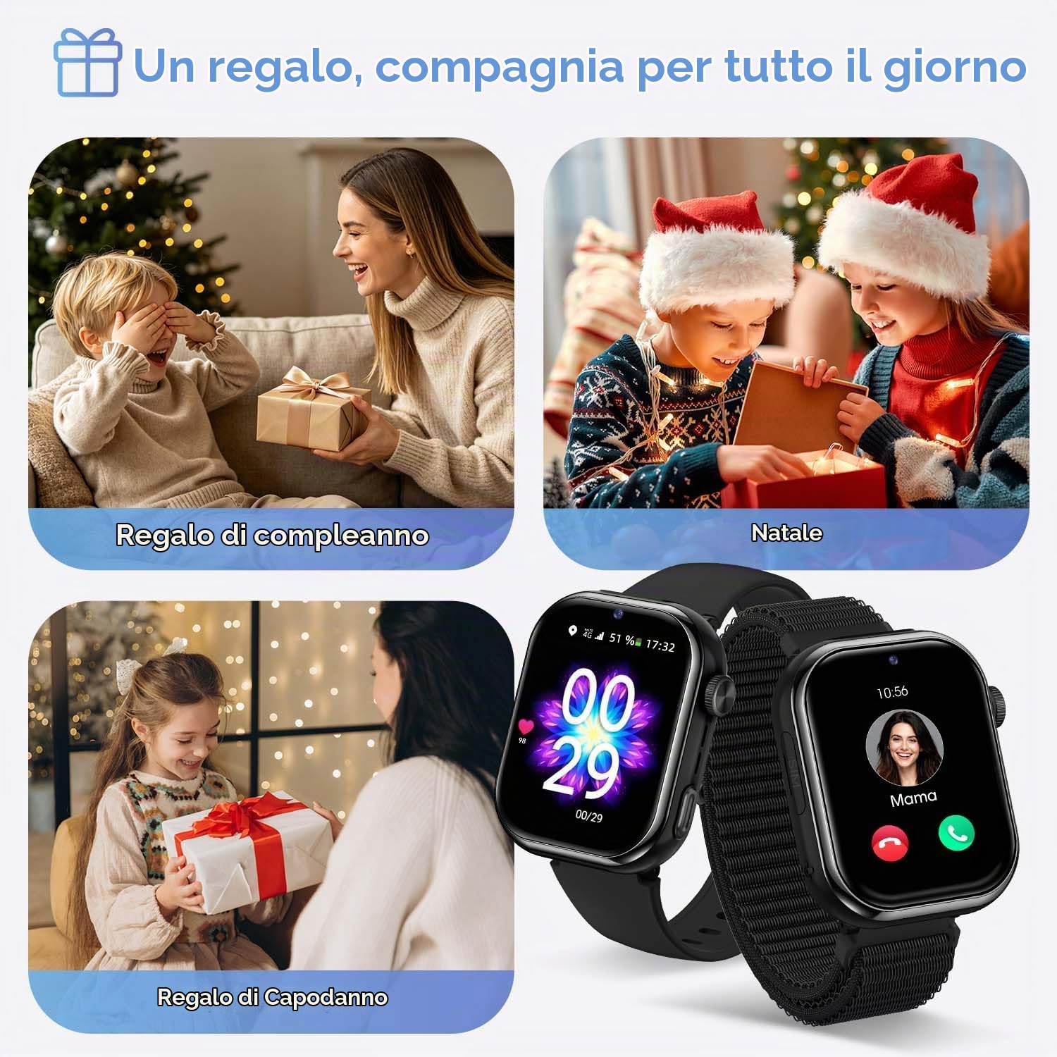 4G Smartwatch Bambini, IP68 Orologio Smartwatch Bambini con GPS, Chiamate, Videochiamate, Chat Vocale, Doppia Fotocamera, SOS, Modalità Scuola, Torcia, Sveglia, Smart Watch per Ragazzi e Ragazze Nero