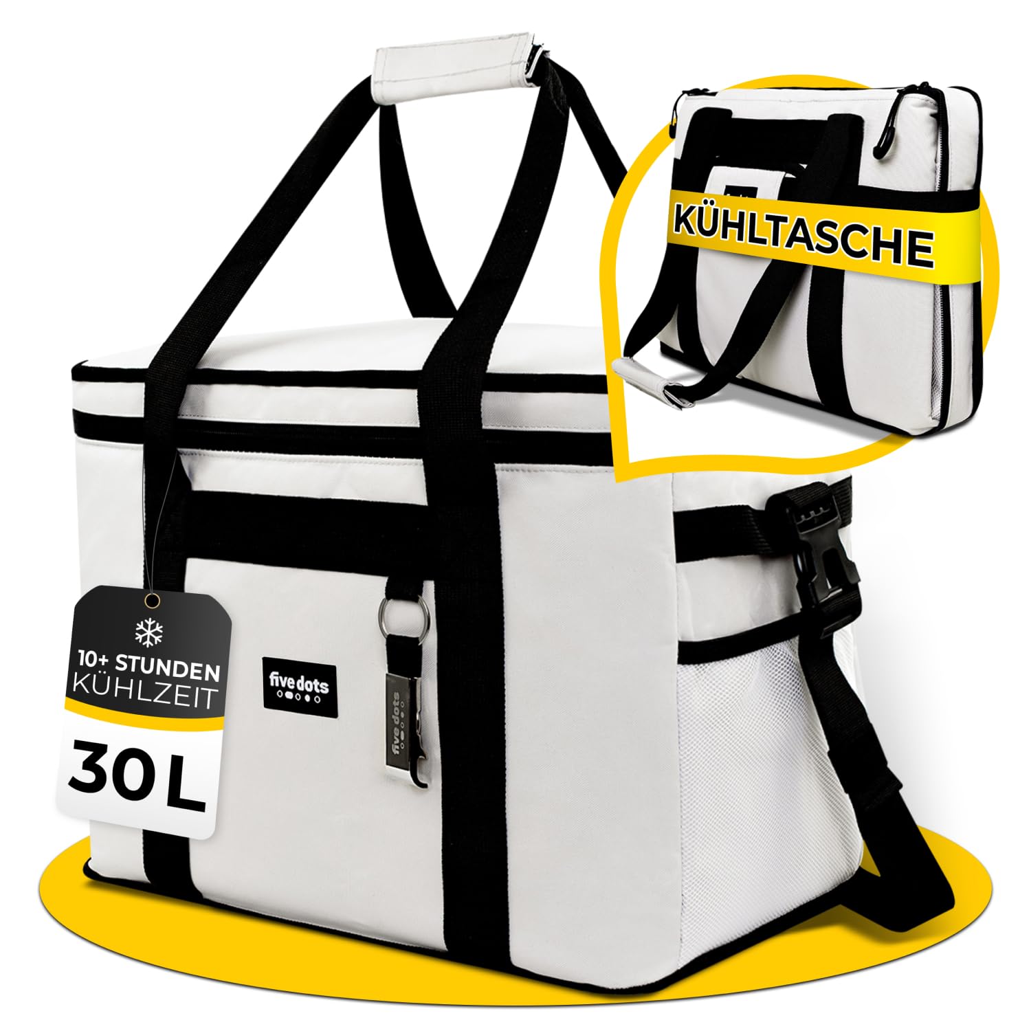 five dots Kühltasche faltbar 30l zum Einkaufen & Picknick [grau]- Kühltasche Auto als Thermotasche & Picknicktasche Auto - Mehr Organisation mit Kühltasche Gross - Lunch Tasche & Mini Kühlbox