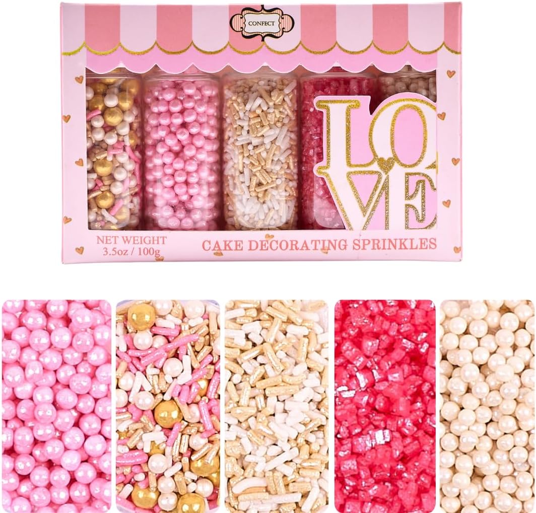 - Confect Pretty in Pink Sprinkles Mix โ Blush Pink, Silver & White Pearl Dragees, Sky Blue & Pink Jimmies, Sparkling Sugar โ Cake Decorating Sprinkles for Cupcakes, Cookies & Party Treats | Vegan, Gluten-Free, Nut-Free, Soy-Free, Dairy-Free, Palm Oil-Free - 5 Oz