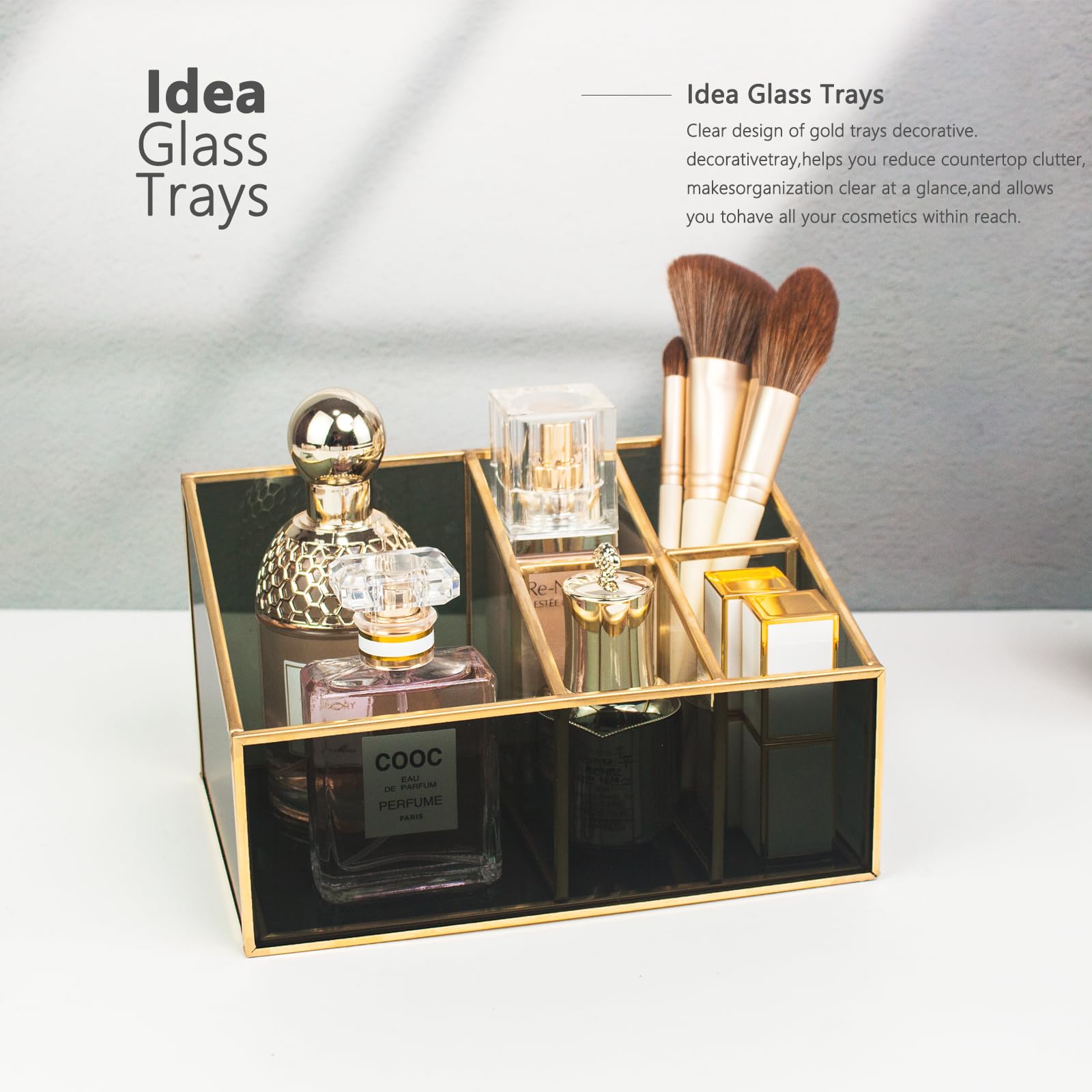 HARLIANGXY Makeup Organiser with 5 Compartments, Vintage Cosmetic Organizer Glass, Makeup Brush Holder Brass - Image 3