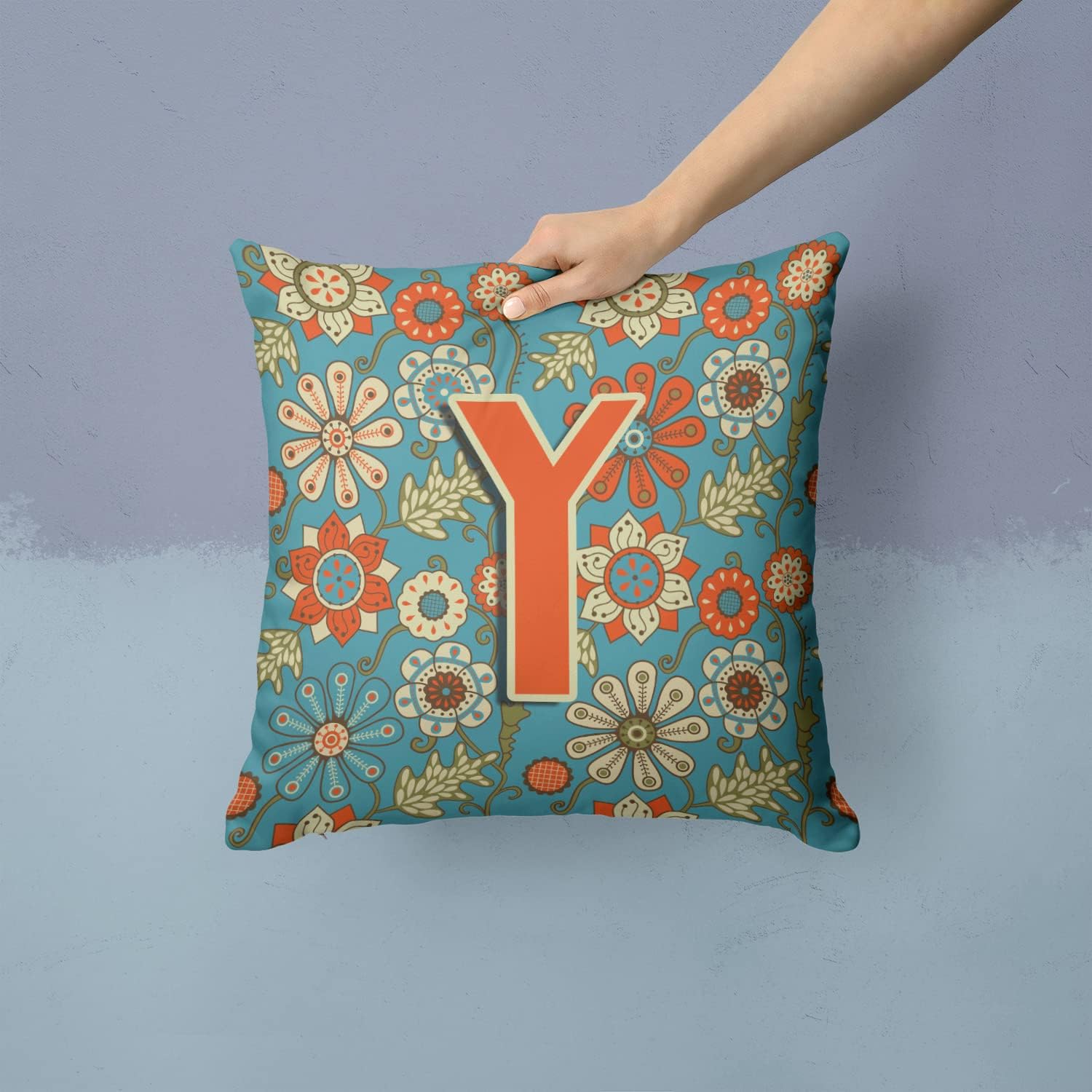 Caroline's Treasures CJ2012-YPW1414 Letter Y Flowers Retro Blue Fabric Decorative Pillow 100% Machine Washable Pillow, Indoor or Outdoor Decorative Throw Pillow for Couch, Bed or Patio