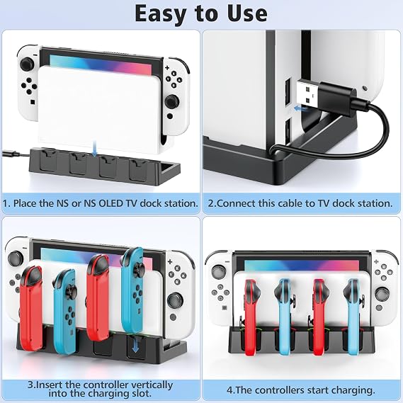 Switch Joycon Controller Charging Station for Switch Original & OLED Switch Charging Station with 4 Charging Slots for Switch & Built-in USB Power Cable for Connecting the TV Dock Switch Accessories 3DS Consoles