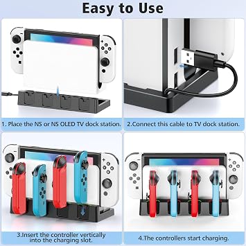 Switch Joycon Controller Charging Station for Switch Original & OLED Switch Charging Station with 4 Charging Slots for Switch & Built-in USB Power Cable for Connecting the TV Dock Switch Accessories 3DS Consoles