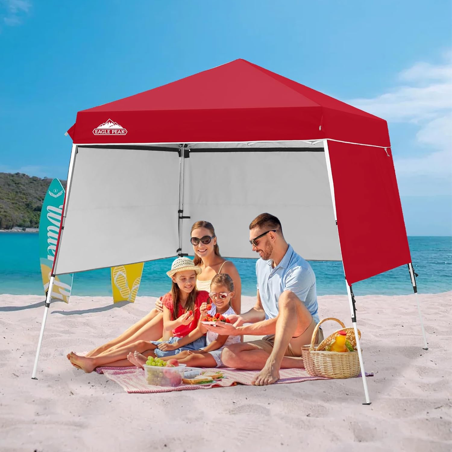 EAGLE PEAK Day Tripper 8x8 Aluminum Super-Lightweight Slant Leg Pop Up Canopy with 3 Removable Walls, Instant Outdoor Backpack Canopy Tent, Outside Beach Folding Sun Shelter, 8x8 Base 6x6 Top, Red