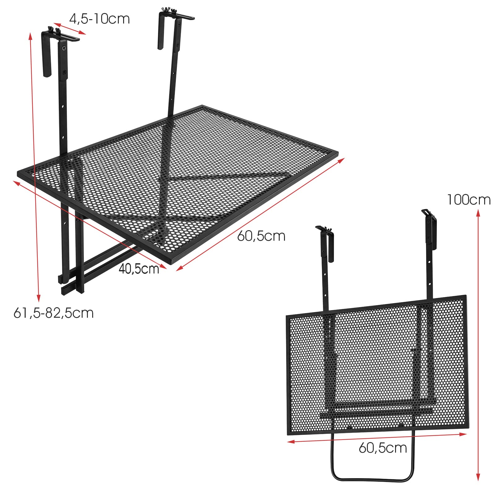 COSTWAY Składany stół balkonowy, wiszący, 5-stopniowa regulacja wysokości, z metalu, prostokątny, nośność 20 kg, 60,5 x 40,5 cm