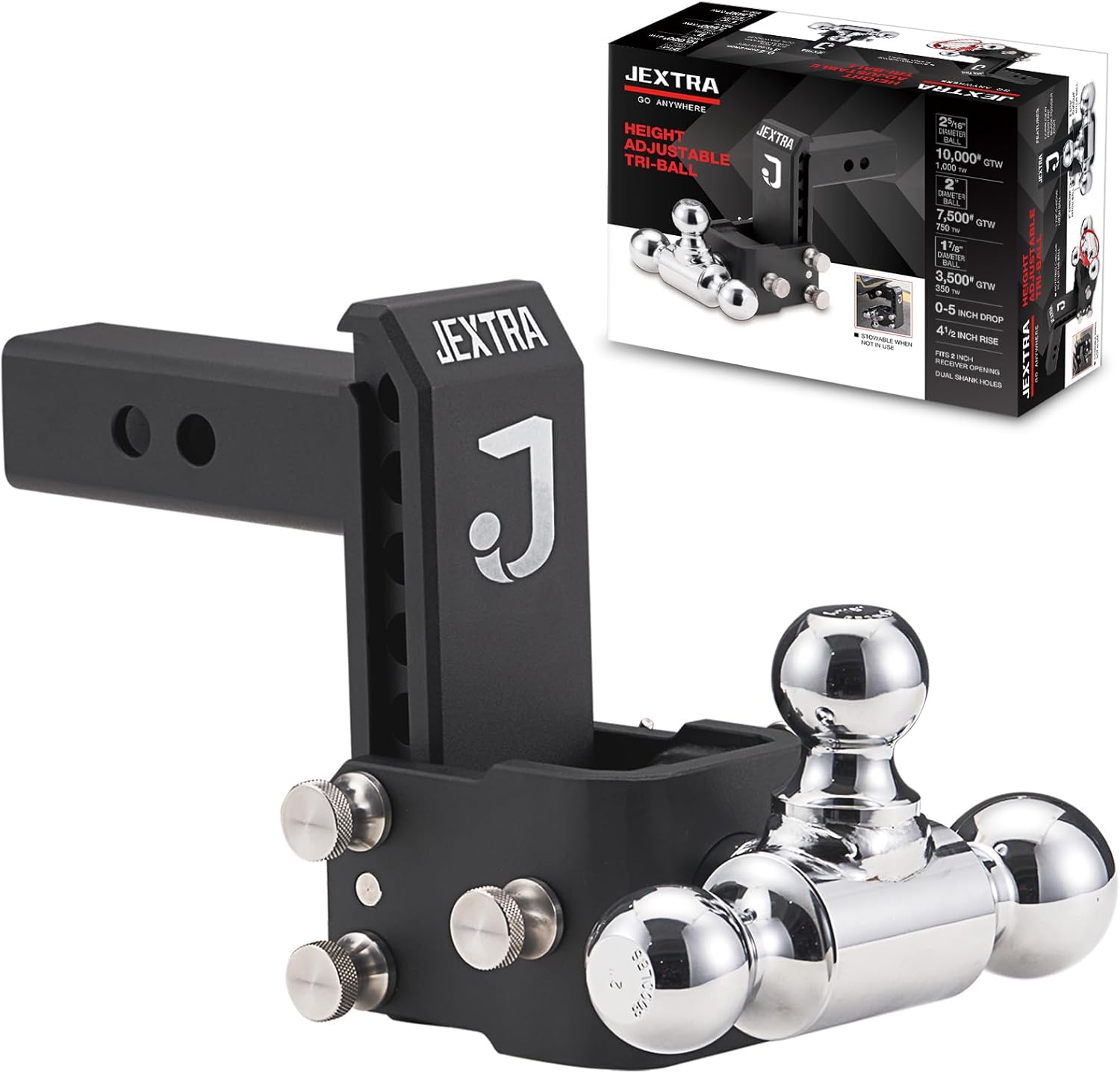 JEXTRA Adjustable Trailer Hitch Ball Mount, Tri-Ball Hitch 2 inch Receiver for Truck (1-7/8" x 2" x 2-5/16"), Chrome Silver Trailer Ball, 5'' Drop, 4-1/2'' Rise, Max 10,000 lbs, with Hitch Pin