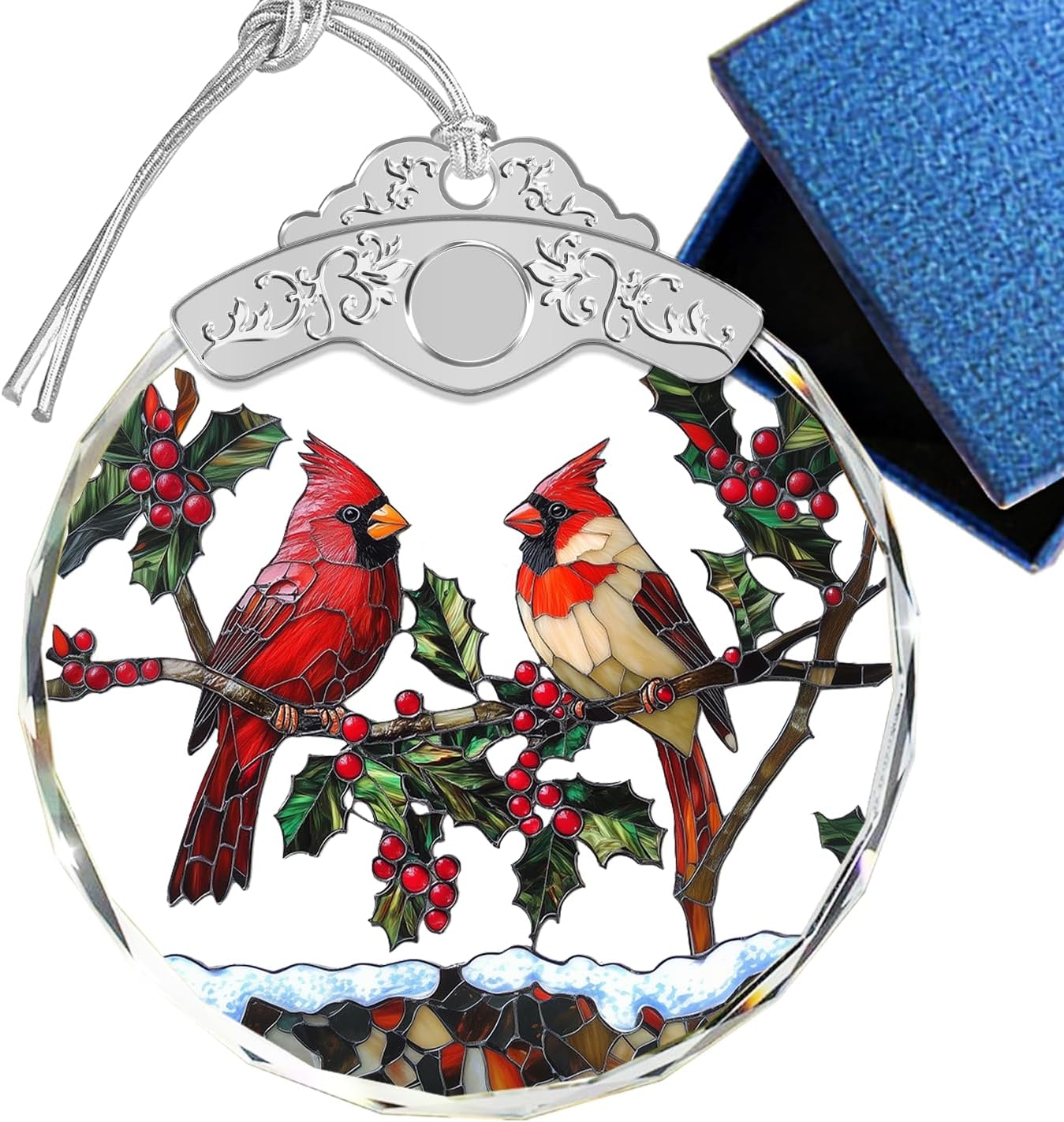 Glass Ornament - Cardinal Birds - Cardinals Couple Crystal Ornament - Bird with Holly Berries & Snow - Hanging Tree Decor - Mother's Day for Parents Couples Sisters Friends