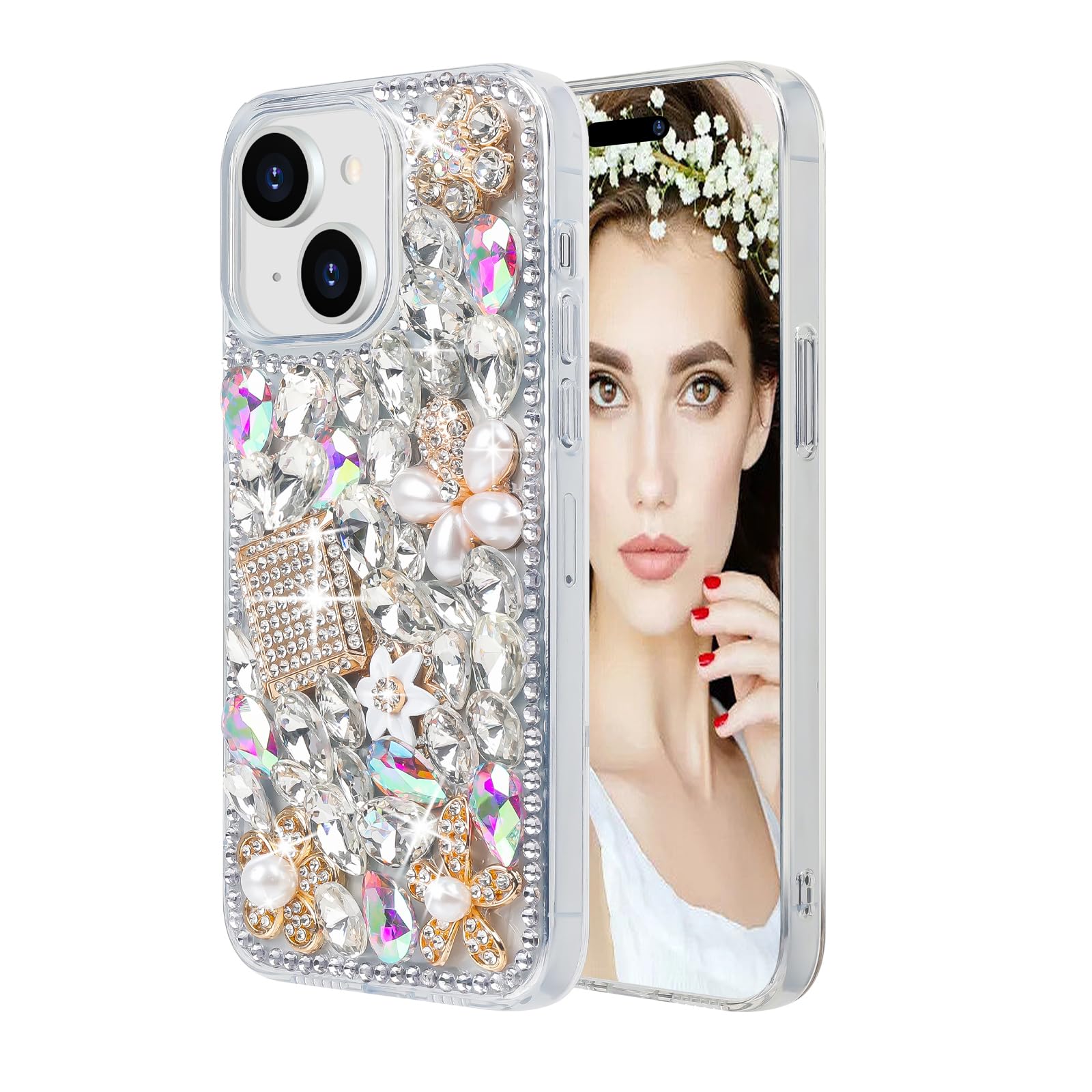 Losin Compatible with iPhone 15 Bling Case for Women Girls Cute Luxury 3D Glitter Diamond Crystal Rhinestone Sparkle Shiny Gemstone and Flower Cover
