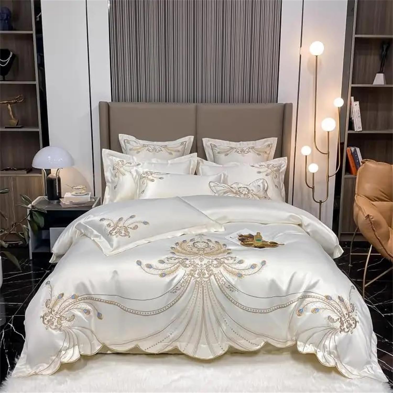 Size Golden Phoenix Feather Embroidery Bedding Set Luxury Blue Satin Cotton 4 Piece Duvet Cover Fitted Bed Sheet and Pillowcase(A,Fitted Sheet 1.5mBed)