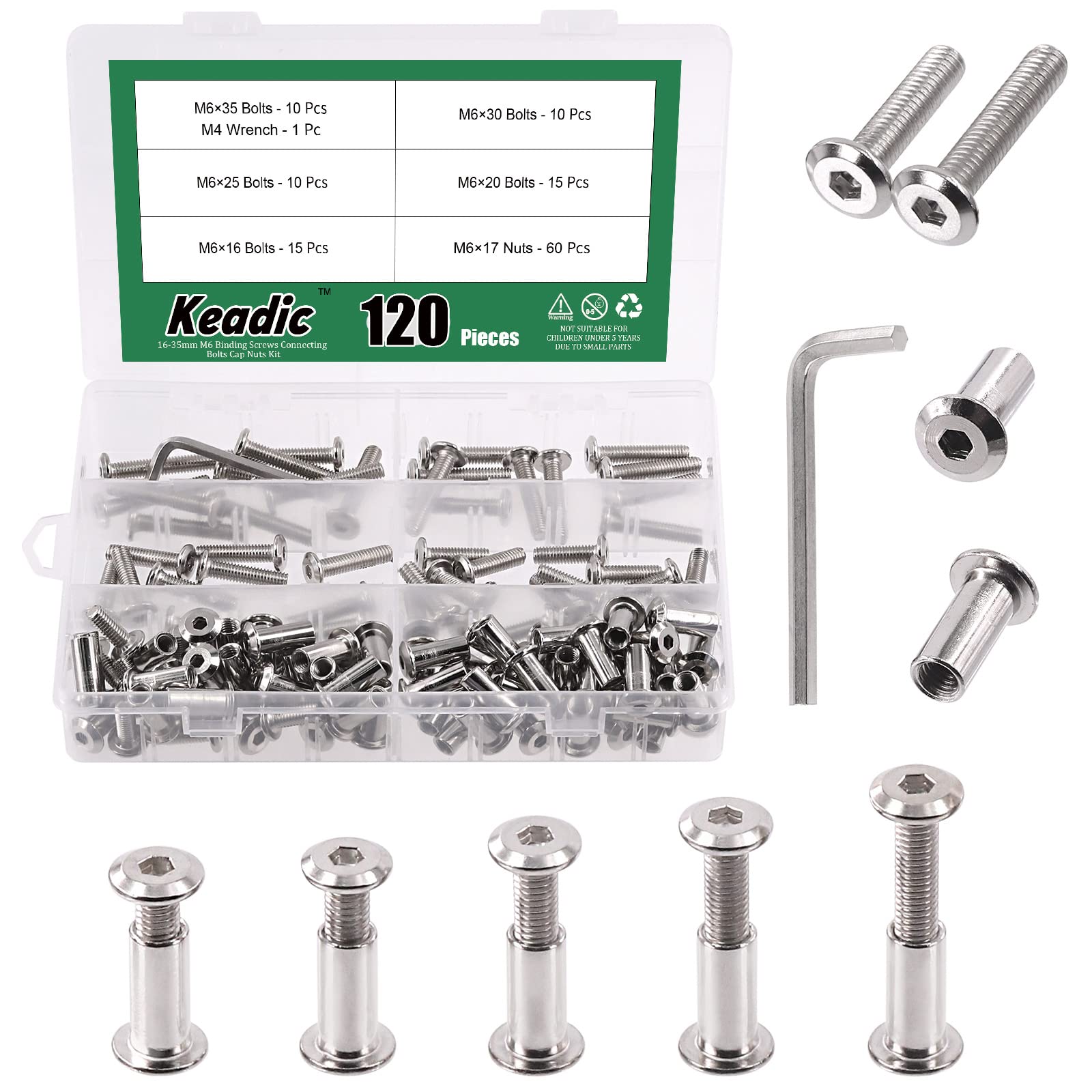 Keadic 121 Pcs M6 x16/20/25/30/35mm Socket Cap Bolts Barrel Nuts Kit with Hex Key