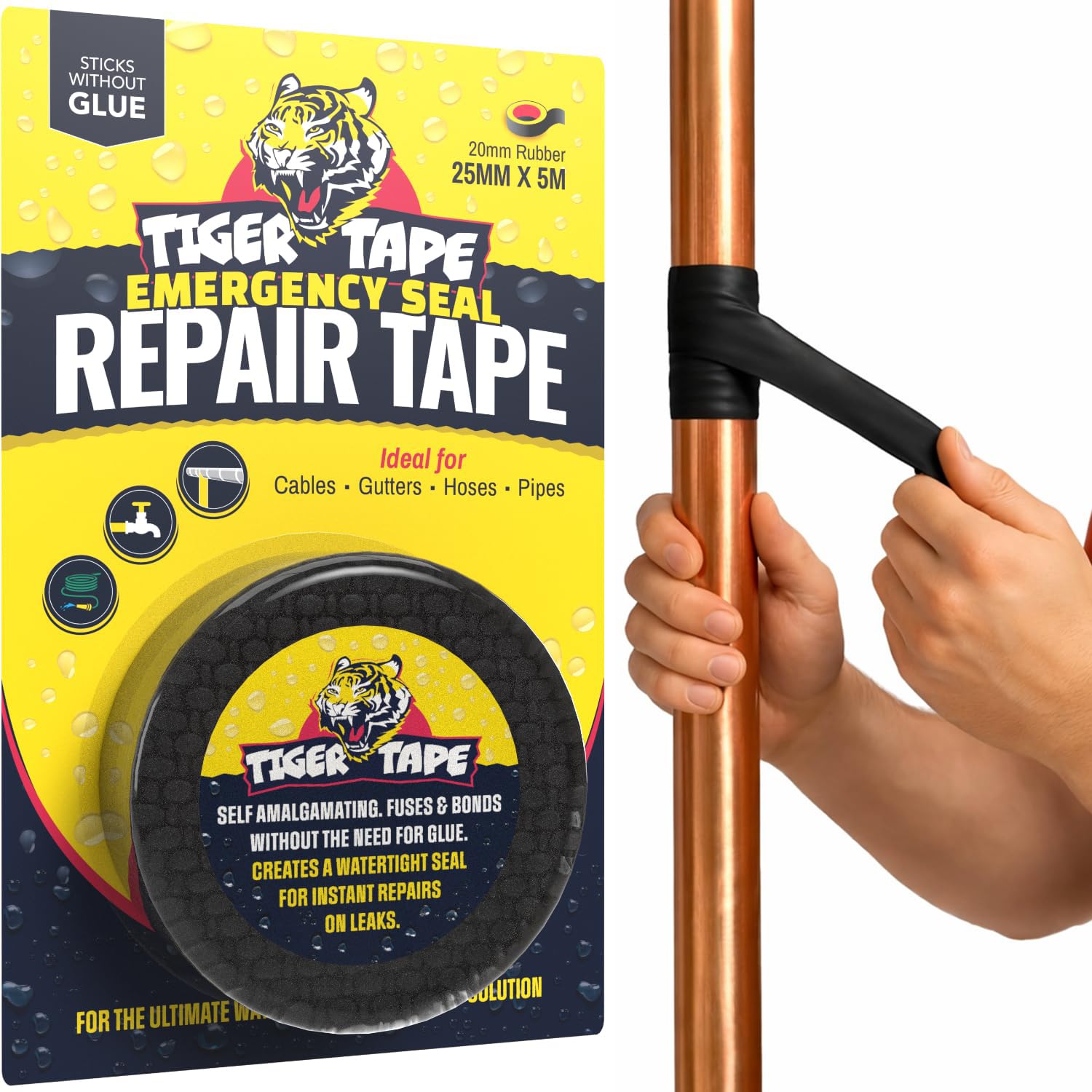 Tiger Tape® Emergency Self-Fusing Plumbers Repair Tape – Waterproof, Self-Amalgamating & Self-Bonding – Stops Leaks Fast | Ideal for Plumbing, Electrical, Automotive & Marine Use (5m)