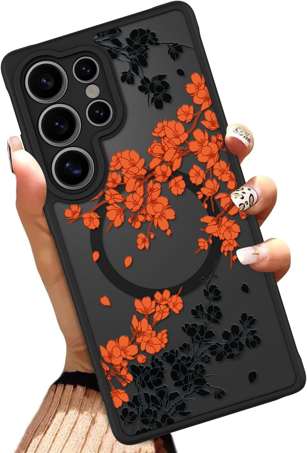 OOK Case for Samsung Galaxy S25 Ultra 6.9 Inch (Wireless Charging Compatible) Orange Floral Flowers Translucent Phone Cover Soft TPU + Hard PC Anti-Scratch Shockproof Magnetic Case for Women