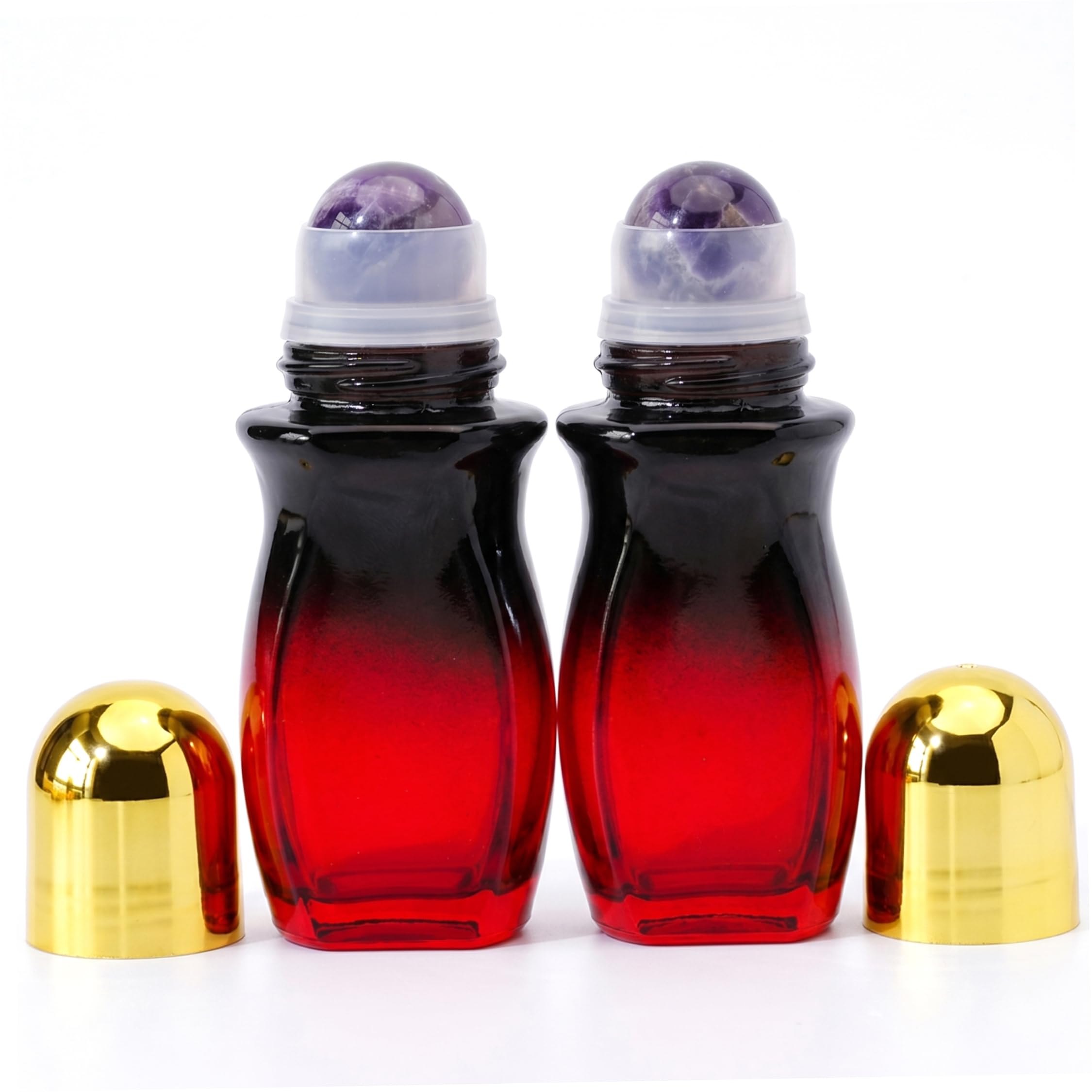 Bemonew Glass Roller Bottles, 2 Pack Oil Roller Bottles Amber Glass Refillable Ball Applicator with Natural Amethyst - Purple, 30ml